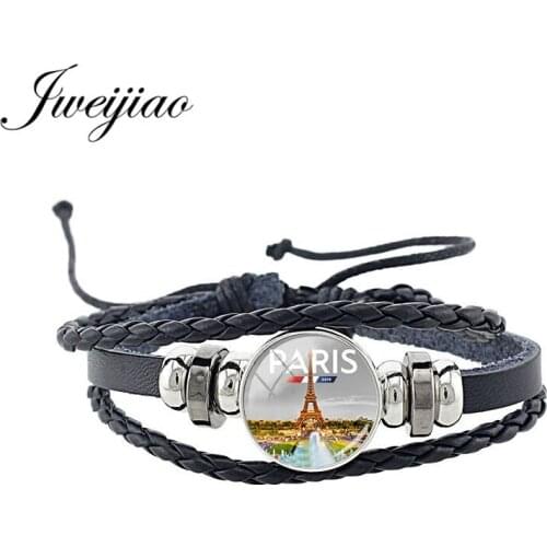 JWEIJIAO Paris Eiffel Tower PU Leather Bracelet Glass Cabochon Picture Dome Charm Cord Bracelet Bangles Punk Jewelry PR44