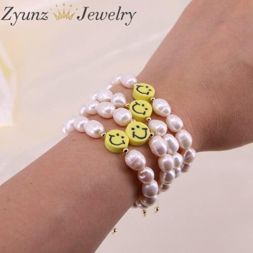 5PCS, Yellow Smiley Face Pearl Bracelet Happy Face Charm Macrame Pearl Bracelet Womens Pearl Bracelet Beads Jewelry Gift