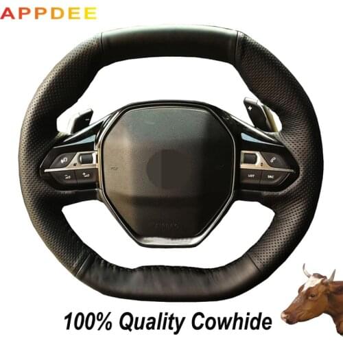Hand-stitched Black Genuine Leather Steering Wheel Cover for Peugeot 4008 2017 2018 3008 2017 2018