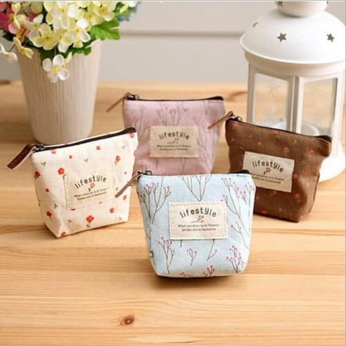 Mini Floral Canvas Coin Cases Keys Bags Card Change Purse Zip Wallets