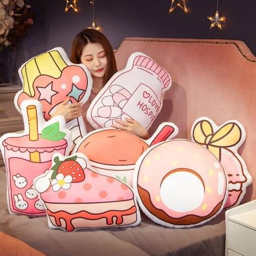 Ins Pink Sweet Strawberry Mousse Cake Pink Macaron Peach Milk Plush Printing Pillow Sofa Nap Pillow Cushion Soft Stuffed Snacks