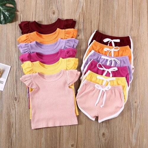 Girls Cotton Clothing Sets New Summer Solid Knitted Top T-shirt+Shorts 2Pcs for Kids Clothing Sets Baby Clothes Outfits