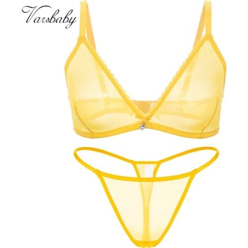 Varsbaby Sexy Hollow Yarn Underwear Set Deep V Transparent Bra Sexy Thong Unlined Fashion Set