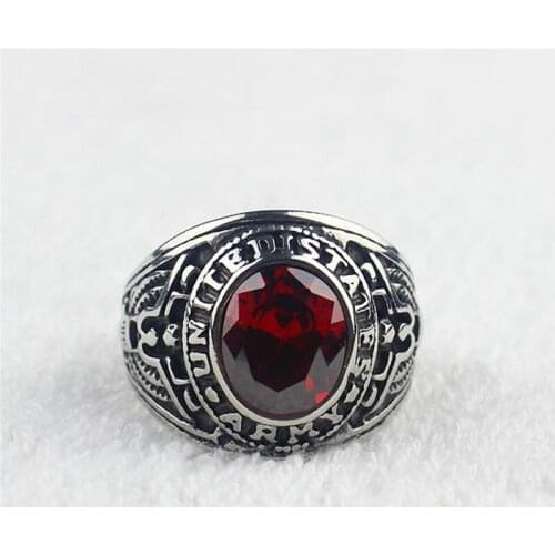 Red CZ Crystal Mens Stainless Steel United States Military Army Ring