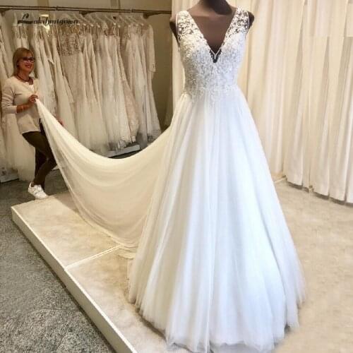 Lakshmigown Hochzeit A Line Wedding Dress Boho Deep V Neck Sexy Bridal Gown Wedding Gowns Long Train Robe de Mariage 2019