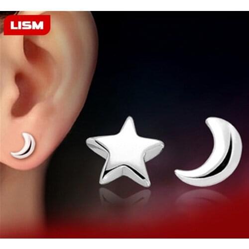 Hot sales Silver Plated Cute Mini Moon Stars Asymmetric Stud Earrings for Women Romantic Girl Gift