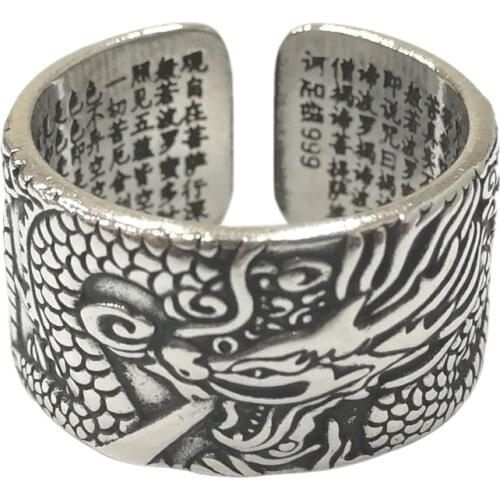 BOCAI Real S925 Pure Silver Antique Craftsmanship 2021 Trend Heart Sutra Opening Dragon Man Ring