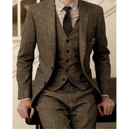 Latest Coat Pant Designs Brown Tweed Suit Men Vintage Winter Formal Wedding Suits For Men Mens Classic Suit 3 Pieces Men Suit
