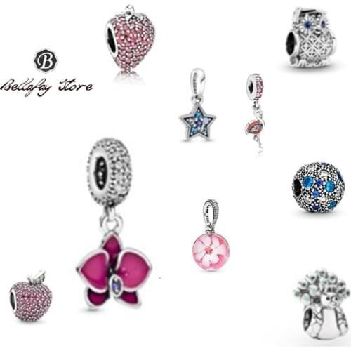 Real 925 Sterling Silver Flamingo Pendant Star Bracelets Beads For Women Original DIY Jewelry Making Decoration Pave Apple Charm