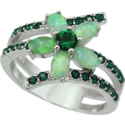 New Arrival Green Fire Opal Stones Flower Shape Silver Plated Rings for Women OR839