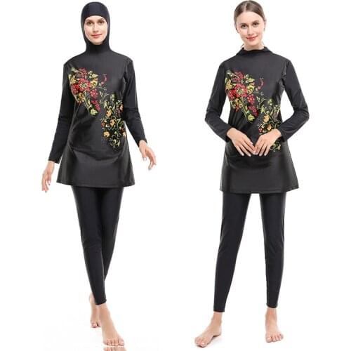 New Digital Printed Swimsuit Women Conservative Swimwear Split Long Sleeve Burkini Muslim Beach Clothes Islamic Swimming Costume