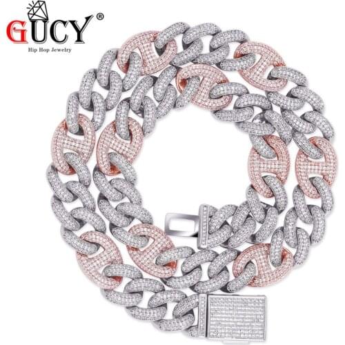 GUCY 14mm Miami Box Clasp Cuban Link Chain Gold Silver Color Necklace Iced Out Cubic Zirconia Bling Hip Hop for Men Jewelry