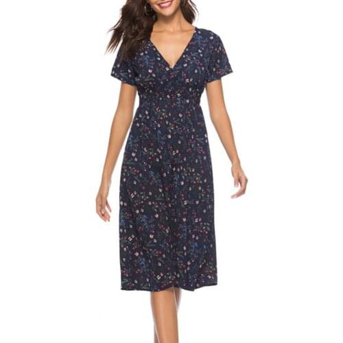 New Summer Women Dress Elegant Floral Print V Neck Elastic Waist Short Sleeve A-Line Casual Dresses Party