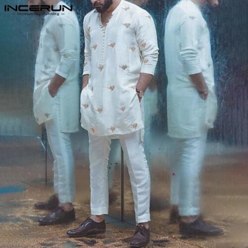 INCERUN Muslim Shirt Men Vintage Print Long Sleeve Shirt Fashion Casual Kaftan Mens Long Blouse Comfort Joker Street Pullover