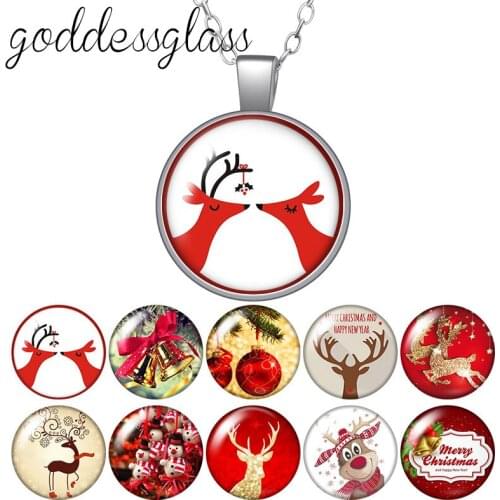 Merry Christmas Cute Elk reindeer moose Bell Round Glass glass cabochon silver plated/Crystal pendant necklace jewelry for Gift