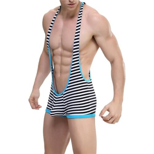 Sexy Undershirt Striped Underwear Men Bodysuit Mankini Jockstrap Wrestling Singlet Gay Bodysuits Bugle Pouch One-piece Jumpsuit