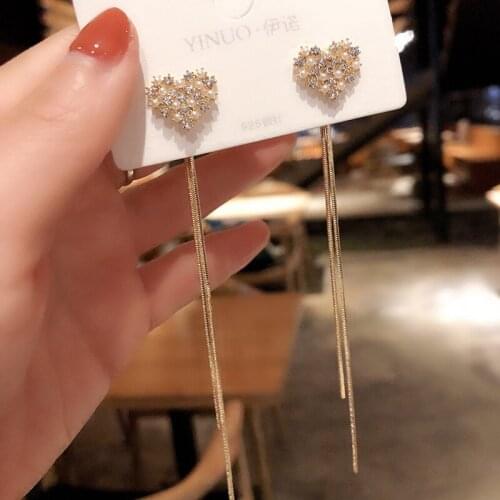 Korea Shiny Rhinestone Pearl Heart Shaped Drop Dangle Earrings for Women Female Gold Color Metal Long Tassel Earrings Jewelry