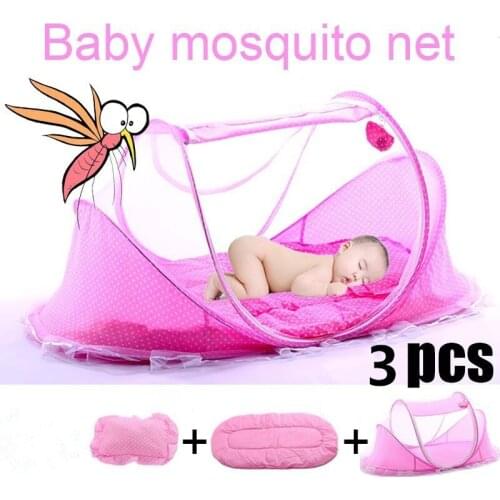 Blue Mosquito net Foldable Baby with Cushion and Pillow Travel Quick Single Tent Bed for Baby infant folding Mattress