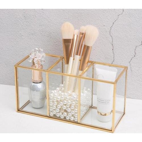 Nordic Transparent Painting Grid Glass Flip Storage Tank Box Luxury Modern Cosmetics Storage Container Makeup Brush Storage