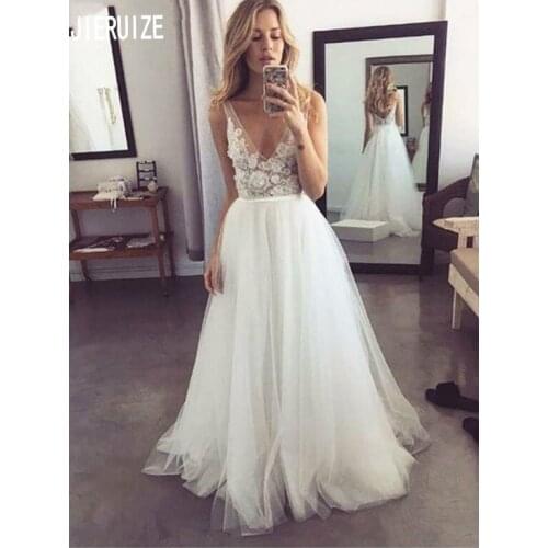 JIERUIZE Elegant A Line Wedding Dresses Deep V Neck Backless Appliqued Beach Bride Dress Vestidos De Novia