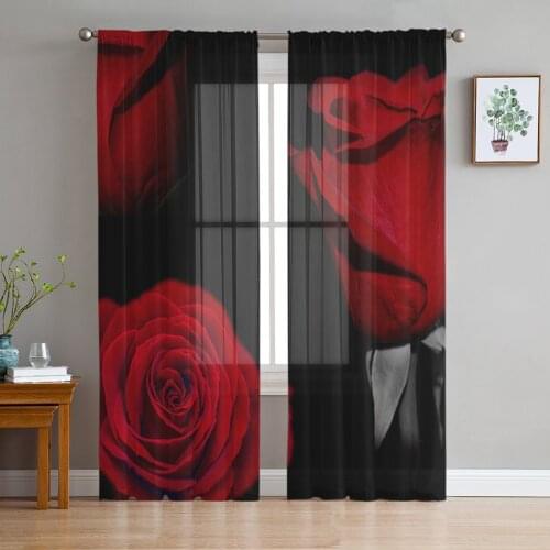 Red Rose Flower Black Tulle Sheer Window Curtains for Living Room Bedroom Modern Tulle Voile Curtains Drapes Decoration