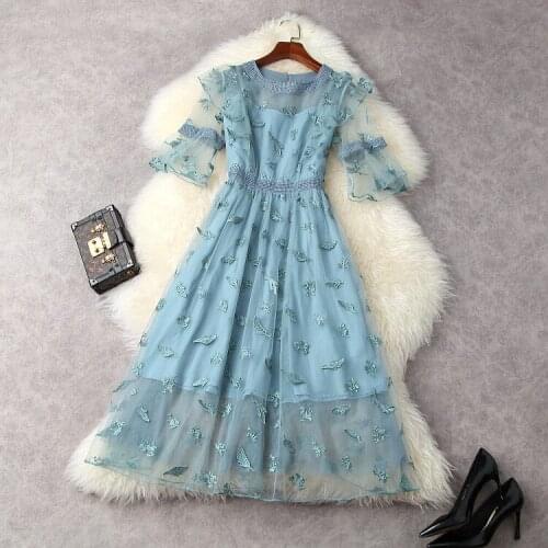 European and American womens wear for summer 2021 Round neck with five-quarter sleeves Net yarn embroidery Fashion dress