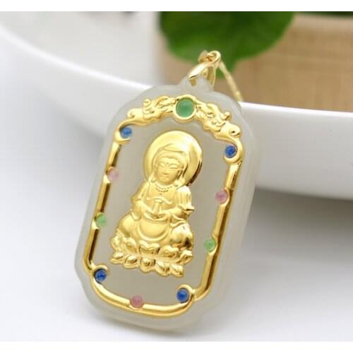 XinJiang Hetian Jade Buddhism GuanYin Pendant Drop Shipping 24K Gold Jade Lucky Amulet Necklace For Women Men Fine Jewelry Gift