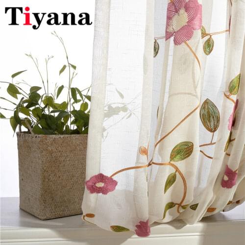 Rustic Embroidered Flower Designer Curtains For Living Room Kitchen Sheer Voile Curtain Window Screen Single Panel P106-15