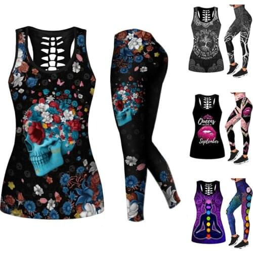Print fitness sportswear women yoga gym set Sports clothing 2 pieces suits seamless leggings outfit Workout tank top vest pants