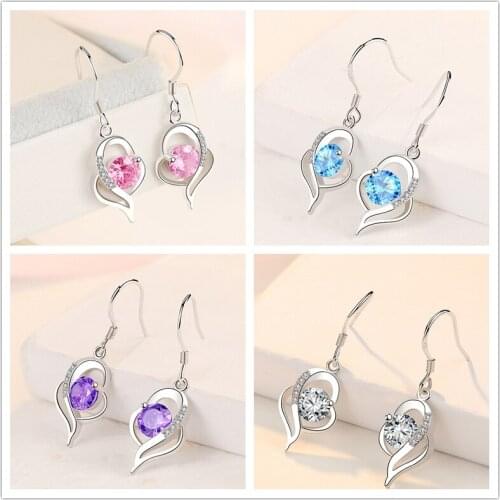 Female Charm Crystal Blue Heart Earring For Girl Jewelry Top Quality Silver 925 Earring Women Bride Wedding Ear Accessories Lady
