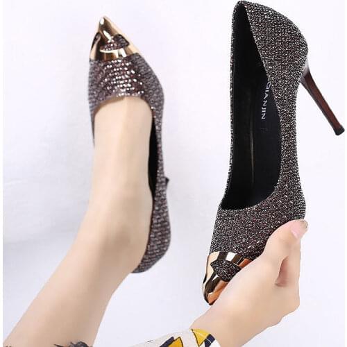 Spring and Autumn Women Metal Pointed Toe Pumps Womens High Heels Stilettos Sexy Ladies All-match Single Shoes Slingback