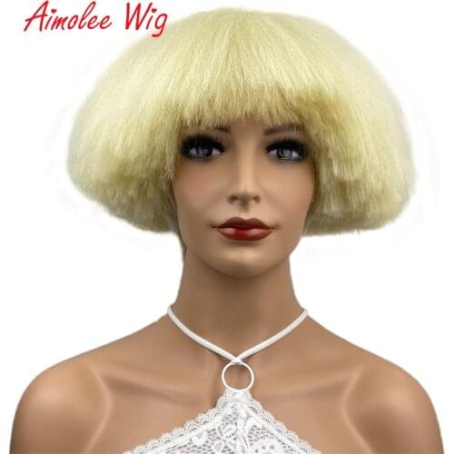 Aimolee Womens Yaki Straight Voluminous Mushroom Wig Blonde Synthetic Short Hair Bob Style Blonde Bowl Haircut Wigs