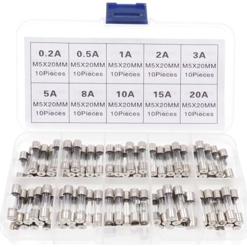 100Pcs Set 5x20mm Quick Blow Glass Tube Fuse Assorted Kits Fast-blow Glass Fuses 10A-20A