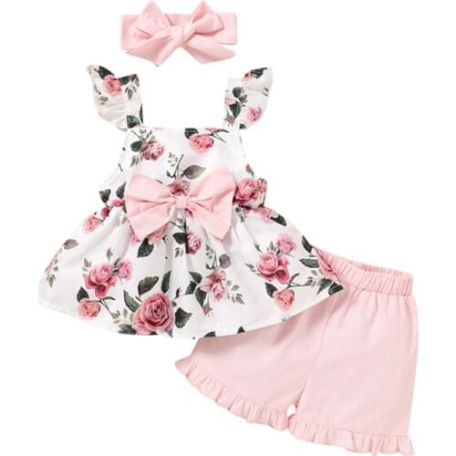 2021 fashion infant Suits Baby Clothing Set for Girls Cute Summer sleeveless Casual Top+Shorts pants+Headband Kids Clothes sets