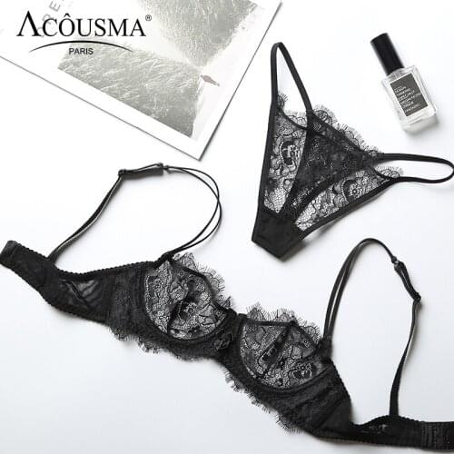 ACOUSMA Sexy Transparent Lace Bra and Panty Set Summer Ultra Thin Lingerie Set Demi Cup Unlined Seamless G-String T Back Thongs