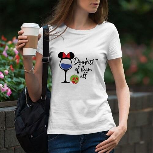 Snow White Women Tshirts Summer New Products Disney Wine Glass Princess Series Pattern T Shirt Black Tee Fashion Letters T-shirt