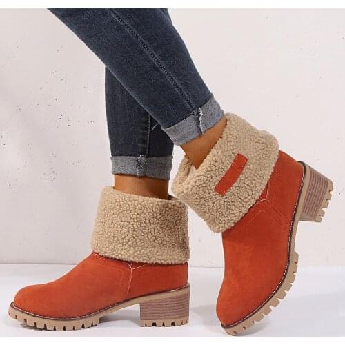 35-42 Shoes Womans Large Size Womens Winter New Chunky-Heel Mid-Calf Boots round-Toe Anti-Slip Two Wear Warm Boots