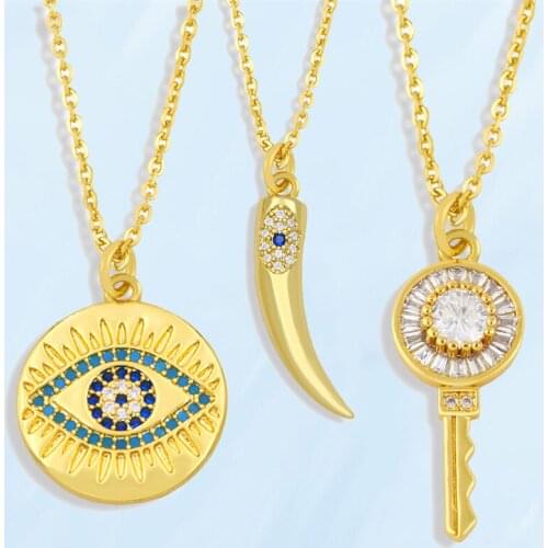 Gold Color Round Greek Eye Pendants Simple Fashion Womens Necklaces Unusual Creative Key Wolfs Fang Shape Necklace Teens Gifts