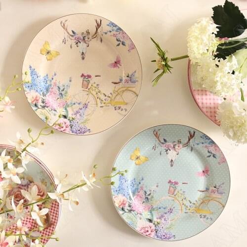 Flowers Ceramics Plate Breakfast Cake Dessert Plates Farmhouse Style Fruit Salad Dish Bone China Western Restaurant Serving Tray