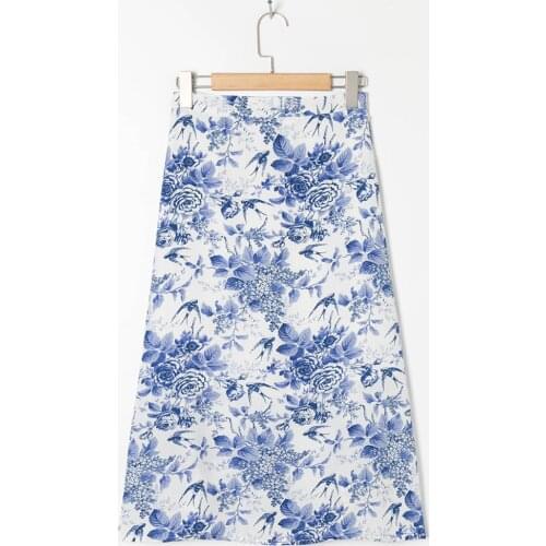 Long Skirts Womens 2021 Clothes Blue And White Porcelain Floral Print Elegant Vintage Midi Skirt High Waist A Line Summer Skirt