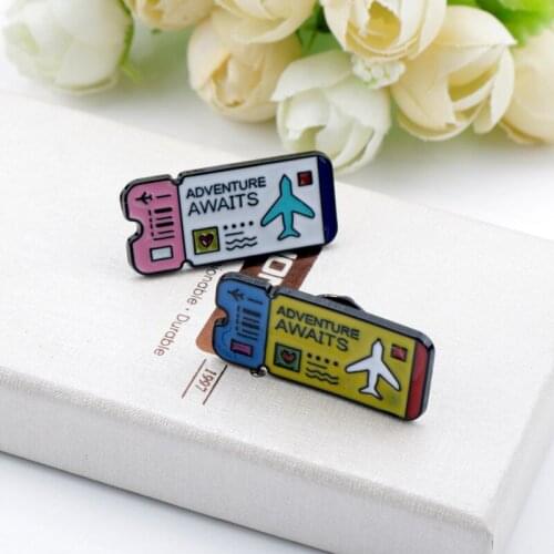Art Air ticket Adventure Awaits Travel Enamel Brooches Lapel Pins Bag Clothes Badges For Women/Men Friends