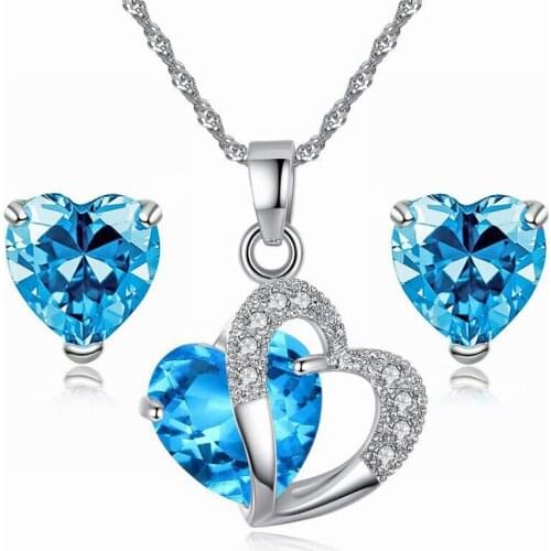 Dainty Female White Crystal Jewelry Set Charm Silver Color Heart Stud Earring For Women Cute Zircon Stone Wedding Chain Necklace