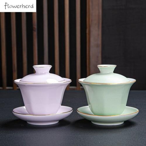 Ceramic Gaiwan Tea Tureen Teaware Kung Fu Tea Set Large Tracing Gold Teacup with Lid Tea Bowl Gaiwan Handpainted