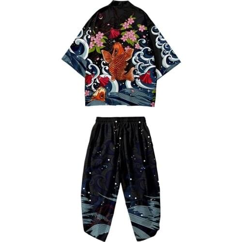 5XL 4XL 6XL Carp China Style Beach Harajuku Japanese Sets Fashion Kimono Men Women Cardigan Haori Obi Asian Clothes Pant Suit