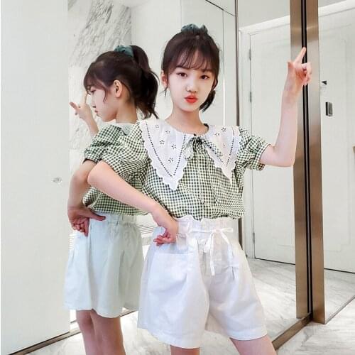 Girls' Suits In Summer, New Plaid Short Sleeves+fashionable Shorts, Two-piece Suit for Children Baby Girl Clothes