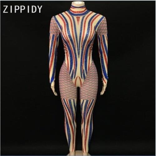 Fashion Shining Blue Red Stones Mesh Jumpsuit Womens Outfit Diamonds Clothes Nightclub Bar DJ Women Singer Show Bodysuit