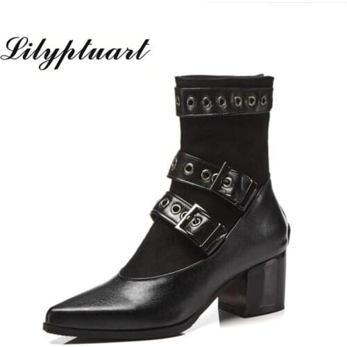 British punk style rivet booties pointed buckle motorcycle boots thick with high heel buckle after zipper ankle boots for women