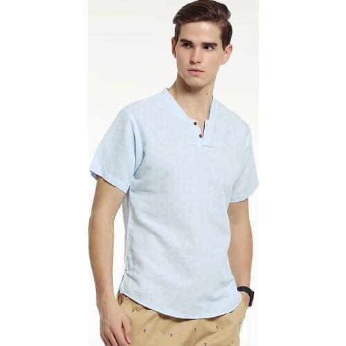 Man T-shirt Cotton V-neck Good Quality Solid White Blue Khaki Summer Cool Short Sleeve Men Linen T Shirt