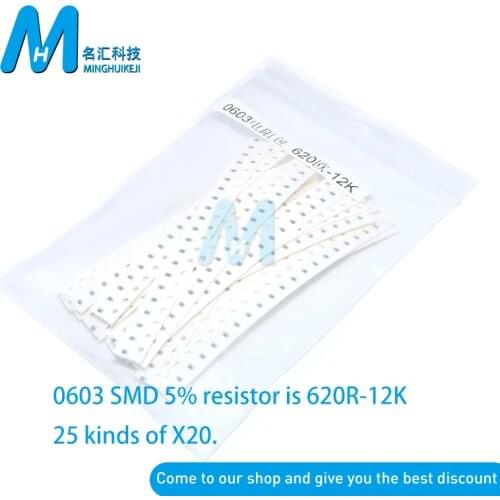 NEW 25valuesX 20pcs=500pcs 0603 Resistor Kit Assorted 620R to 12K ohm 5% SMD Sample Kit DIY 620R 750R 820R 910R 1K 3.3K 3.9K 12K