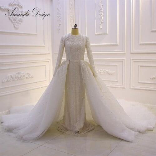 Amanda Design robe de mariee 2019 Handwork Pearls Removable Skirt Muslim Wedding Dress Mermaid